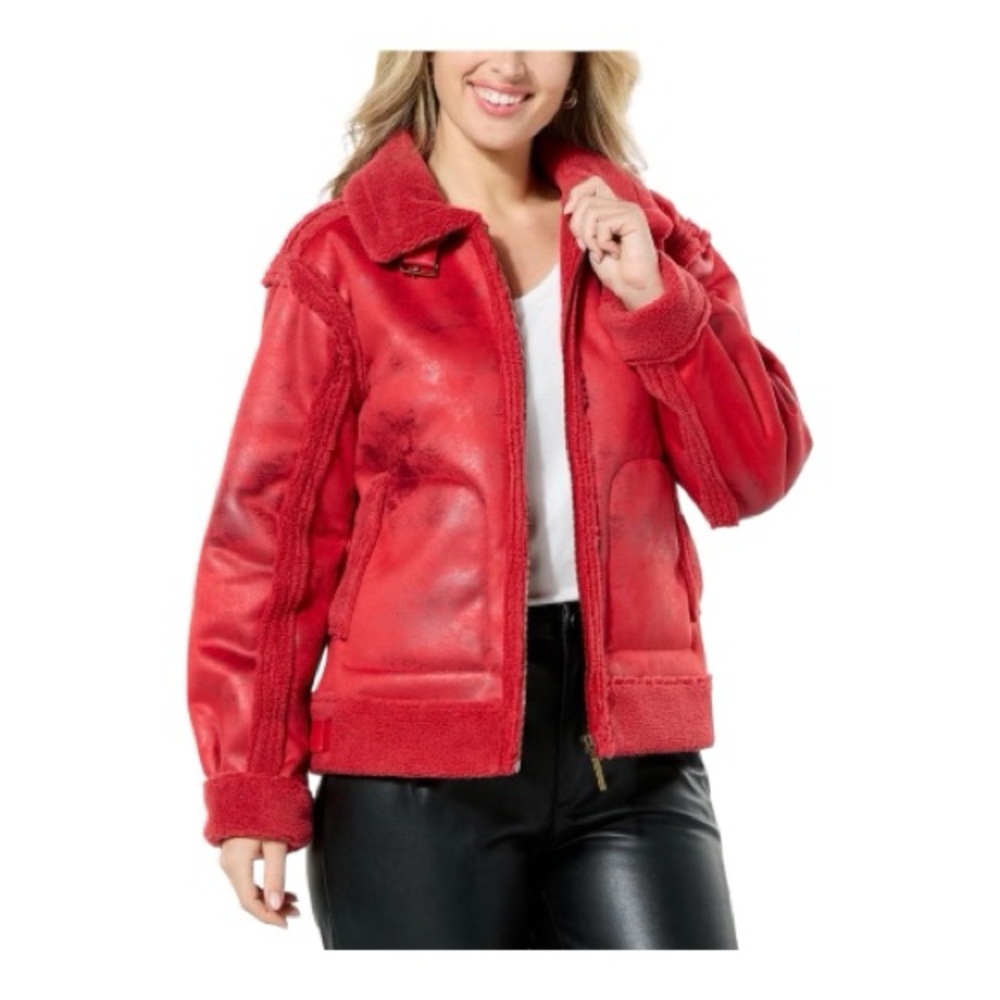 G by Giuliana Black Label Faux Suede and Shearling Zip-Front Coat Medium NWOT